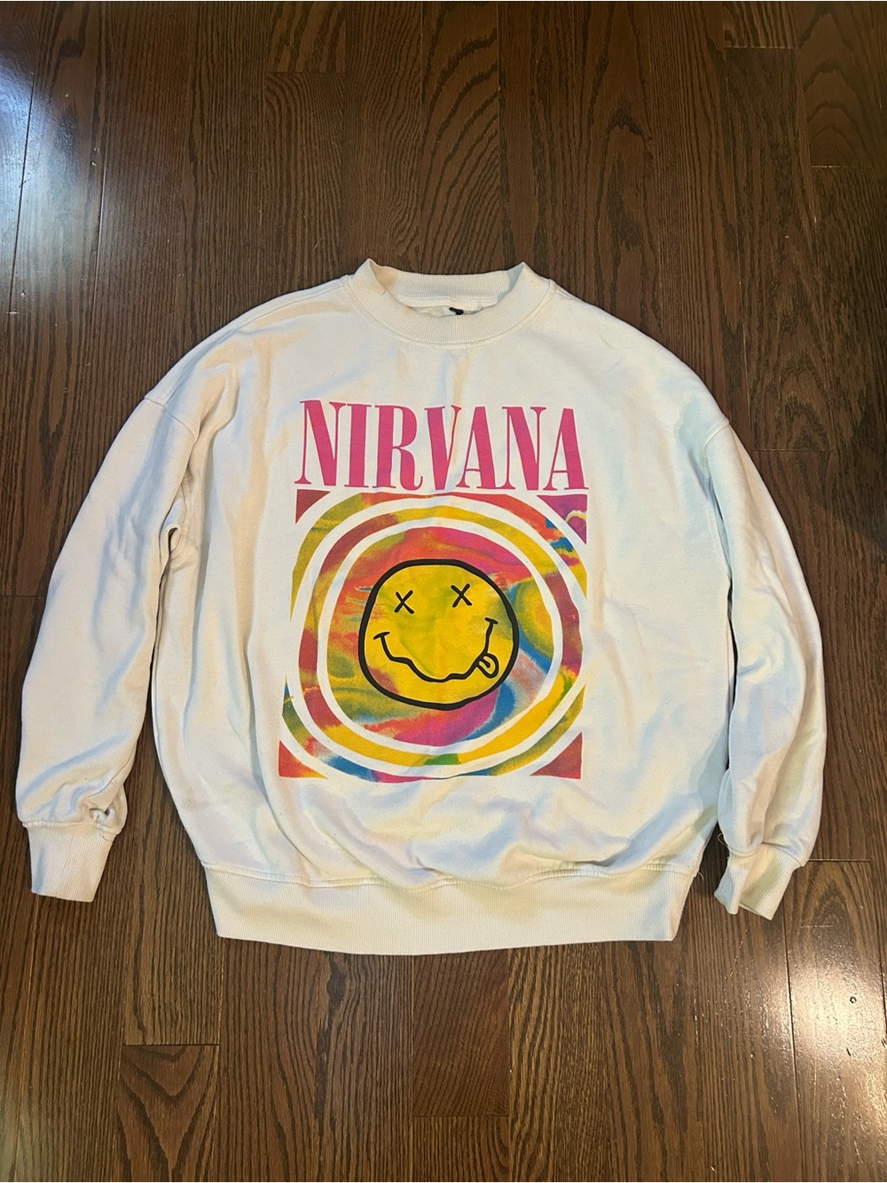 NIRVANA White Crewneck with Pink Logo and Multicolor Smiley. Size M